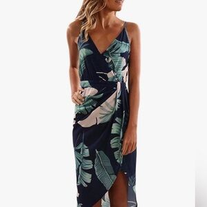Dear Love Tropical Leaf Print Faux Wrap Dress